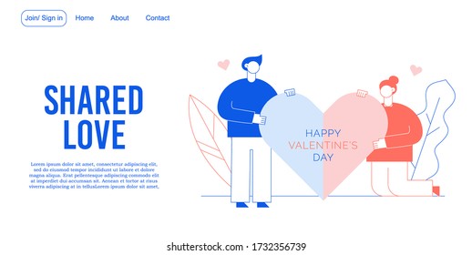 Shared love message service landing page design. Valentine day congratulation, greeting, invitation. Warm relation emotion manifestation. Happy man woman holding huge heart. Romantic relationship