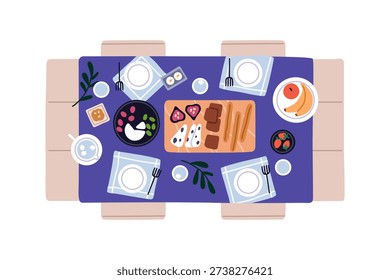 Shared meal on dining table from above, top down view. Dinner food, dishes serving. Lunch snacks, bread, cheese on board, fruits, plates. Flat vector illustration isolated on white background.