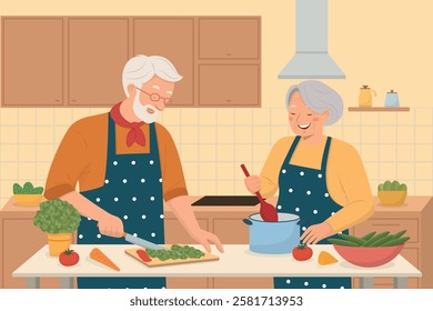 Shared Moments. Elderly Couple Cooking Together with Love and Joy.