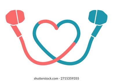 Música compartida y conexión. Dos auriculares, rojo y azul, con sus cordones formando una forma de corazón. Esto ilustra la armonía y la cercanía.