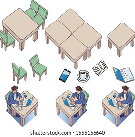 Shared office and people and tools and furniture
