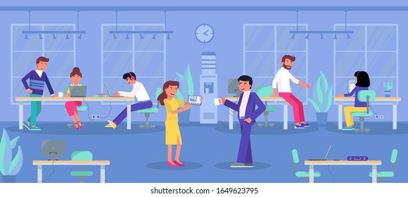 Shared open space in coworking office. Creative people character talking, working, collaborating, brainstorming at modern workplace. Business center work environment. Vector illustration