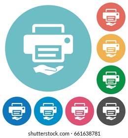 Shared printer flat white icons on round color backgrounds
