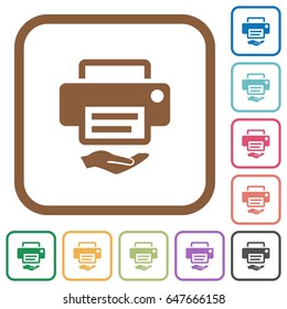 Shared printer simple icons in color rounded square frames on white background