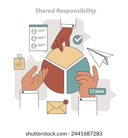 Shared Responsibility in Task Delegation concept. A team collaboratively completes tasks, symbolizing unity and shared goals. Vector illustration