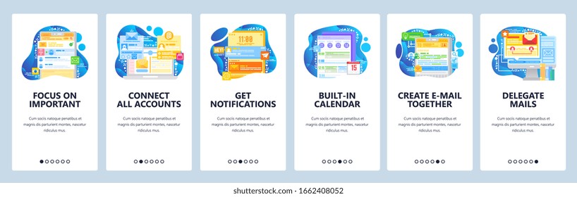 Shared team mailbox and accounts. Task management, business calendar, notifications. Mobile app onboarding screens. Vector banner template for website mobile development. Web site design illustration.