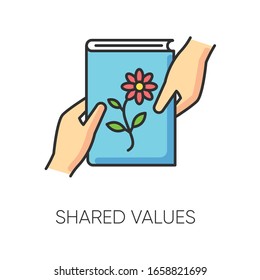 Shared values RGB color icon. Common interests, friendly exchange symbol. Interpersonal relationship. Literature, scrapbooking hobby. Friends sharing book. Isolated vector illustration