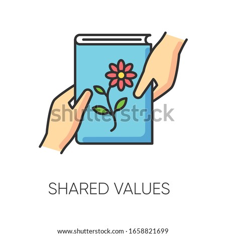 Shared values RGB color icon. Common interests, friendly exchange symbol. Interpersonal relationship. Literature, scrapbooking hobby. Friends sharing book. Isolated vector illustration
