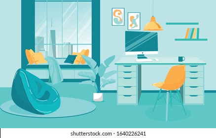 Shared Working Space in Business Office Room Design. Zoned Workspace. Equipped Rest and Work Area. Windowsill with Cushions for Relax. Table with Computer, Armchair, Chair. Vector Flat Illustration