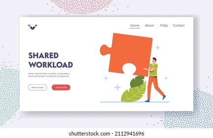 Shared Workload Landing Page Template. Business Solution, Compromise and Problem Solving Concept. Man Carry Huge Jigsaw Puzzle Piece. Businessman Shared Workload. Cartoon Vector Illustration