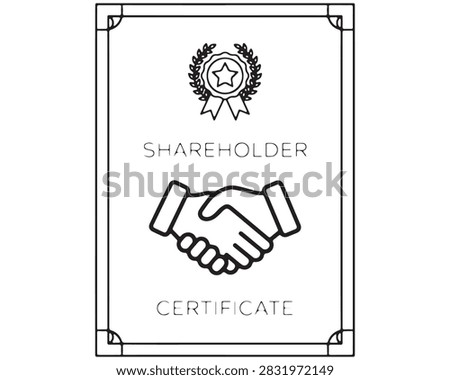 Shareholder certificate document with handshake and award seal outline vector illustration business document vector graphic handshake partnership agreement contract business corporate