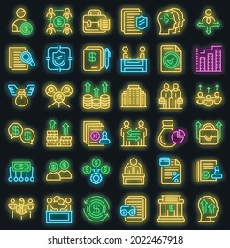 Los iconos de los accionistas se establecen. Conjunto de esquemas de iconos vectoriales de accionista color de neón en negro