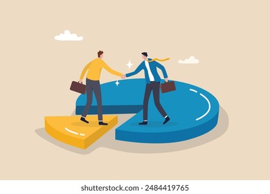 Shareholder or stakeholders, sharing benefit or merger and acquisition, partnership or collaboration, marketshare or agreement concept, businessman handshaking on pie chart to share profit together.