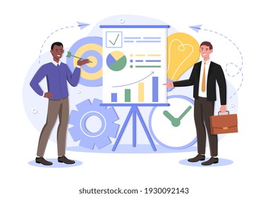 Shareholder or top manager with office worker study infographics, analyze KPI, growth chart during office meeting. Professional communication to generate idea. Flat cartoon people vector illustration.