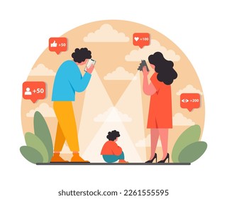 Sharent. Los padres comparten con frecuencia sus datos personales y detalles de sus hijos en Internet. Mamá y papá publican compulsivamente fotos y vlogueando a su hijo en los medios sociales. Ilustración vectorial plana