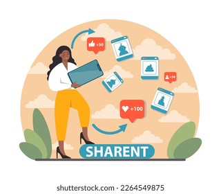 Sharent. Parents frequently sharing their child personal data and details in the internet. Mom and dad compulsively post pictures and vlogging their child on social media. Flat vector illustration
