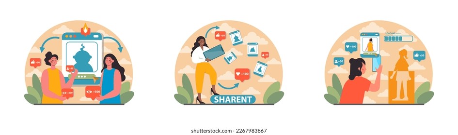 Sharent set. Parents frequently sharing their child personal data and details in the internet. Mom and dad compulsively post pictures and vlogging their child on social media. Flat vector illustration