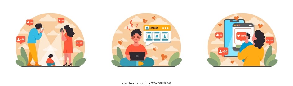 Conjunto de elementos compartidos. Los padres comparten con frecuencia sus datos personales y detalles de sus hijos en Internet. Mamá y papá publican compulsivamente fotos y vlogueando a su hijo en los medios sociales. Ilustración vectorial plana