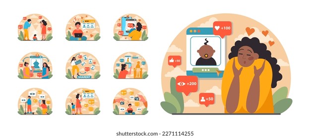 Sharent set. Parents frequently sharing their child personal data and details in the internet. Mom and dad compulsively post pictures and vlogging their child on social media. Flat vector illustration