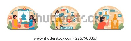 Sharent set. Parents frequently sharing their child personal data and details in the internet. Mom and dad compulsively post pictures and vlogging their child on social media. Flat vector illustration