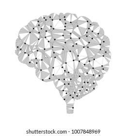 Shares of the brain, low poly polygon design with connecting dots. Polygonal triangle style illustration of human brain for medical design, study or concept for logo, scientific background, side view