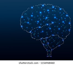 Shares of the brain, low poly polygon design with connecting dots. Polygonal triangle wireframe style illustration of human brain for medical design, concept for logo, scientific background, side view