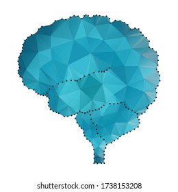 Shares of the brain, low poly polygon design with connecting dots. Polygonal triangle wireframe style illustration of human brain for medical design, concept for logo, scientific background, side view