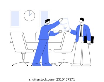 Acciones en una ilustración de vector de concepto abstracto de empresa. Feliz trabajador recibiendo certificado de participación, etiqueta de negocios, cultura corporativa, reglas de la empresa y beneficios metáforas abstractas.