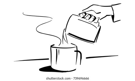 Shares hot tea. A hand pours hot liquid from one mug to another one. Black and white vector sketch. Simple drawing at white background.