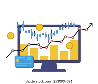 Shares at the stock market. Credit card and laptop. Simple flat vector illustration.