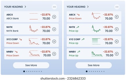 Aktien Widget für Website zu kaufen oder zu investieren. Finanz-Preisdiagramm-Widget. Modernes User Interface Design Konzept für Börse, Devisen oder Kryptowährung. Trends nach oben und unten bei Bankaktien