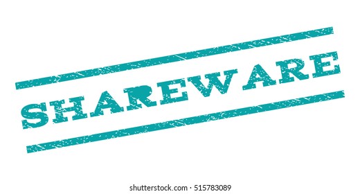 Shareware watermark stamp. Text tag between parallel lines with grunge design style. Rubber seal stamp with scratched texture. Vector cyan color ink imprint on a white background.