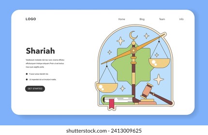 Shariah law concept with scales of justice under a crescent moon. Symbolizes Islamic legal studies and jurisprudence. Flat vector illustration