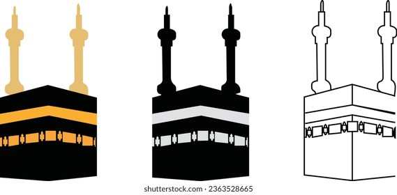 Sharif Kaaba, Makkah and Madinah Pak sacred Islamic Masjid-Al-Haram Macca Hajj Umrah Madinah Muslim shrine of Kaaba, in form of cubic construction in courtyard of mosque icon editable stroke