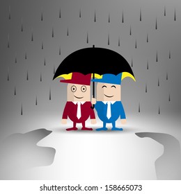 Sharing advantage - Man sheltering other from the rain