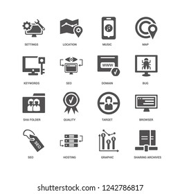 Sharing archives, Seo, Settings, Location, Browser, Target, Quality, Graphic icon 16 set EPS 10 vector format. Icons optimized for both large and small resolutions.