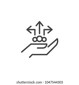 Sharing arrows on hand outline icon. linear style sign for mobile concept and web design. simple line vector icon. Symbol, logo illustration. Pixel perfect vector graphics