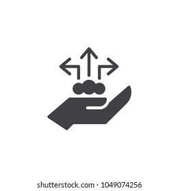 Sharing arrows on hand vector icon. filled flat sign for mobile concept and web design. simple solid icon. Symbol, logo illustration. Pixel perfect vector graphics