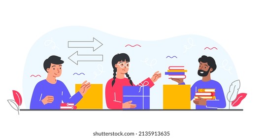 Sharing book concept. Men and girls exchange textbooks, love of literature and international reading day. Friends with hobbies, educated characters, self development. Cartoon flat vector illustration