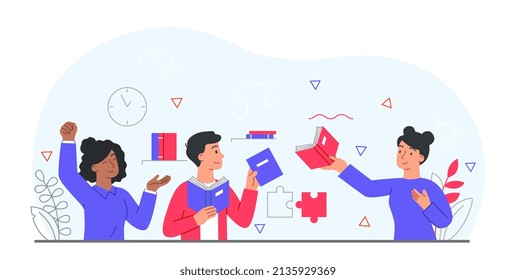 Sharing Book Concept. Useful Hobby And Friendship. Education And Self Development. Design For Greeting Cards For World Literature Day, International Holidays. Cartoon Flat Vector Illustration