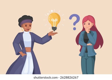 Sharing a Bright Idea: Woman Presenting a Glowing Lightbulb to Another Woman with a Question Mark, Symbolizing Collaboration and Seeking Solutions.