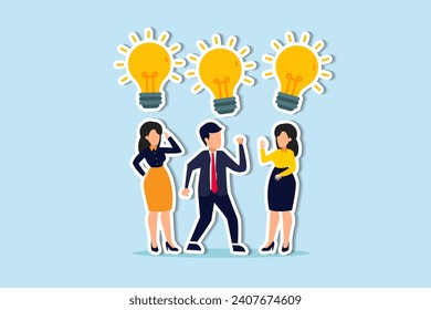 Sharing business ideas, collaboration meeting, sharing knowledge, teamwork or people thinking the same idea concept, smart thinking businessmen people office workers team up share lightbulb lamp idea.