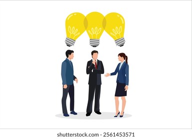 Sharing business ideas, collaboration meeting, sharing knowledge, teamwork or people thinking the same idea concept, smart thinking businessmen people office workers team up share lightbulb lamp idea.