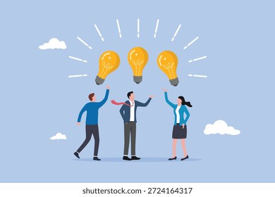 Compartir ideas de negocios, pensamiento inteligente, hombres de negocios, trabajadores de oficina, compartir ideas de lámparas de bombilla, compartir conocimientos, reuniones de colaboración, trabajo en equipo o personas que piensan en el mismo concepto de idea.