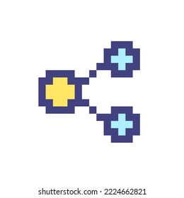 Sharing button with dots pixelated RGB color ui icon. Social media. Reaction. Simplistic filled 8bit graphic element. Retro style design for arcade, video game art. Editable vector isolated image