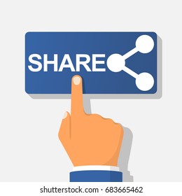 Sharing button. Hand pressing icon share. Vector illustration flat design. Isolated on white background. Gesture of finger pressing share button. Social media concept. Click connection.