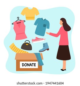 Sharing Clothes To People. Clothes Donation Concept. Woman Standing With Donate Box Of Clothes And Accessories In Flat Design Vector Illustration. Time For Charity.