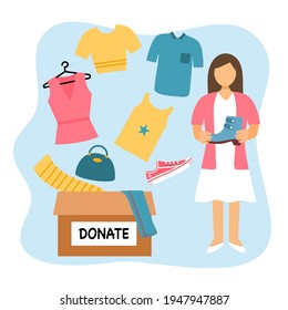 Sharing clothes to people. Clothes donation concept. Woman standing with donate box of clothes and accessories in flat design vector illustration.