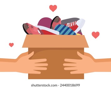 Kleidung an Menschen teilen. Kleiderspendenkonzept. Frau Hand-Haltebox voll von Kleidung und Zubehör in flachen Design Vektor-Illustration auf weißem Hintergrund. Zeit für Wohltätigkeit.