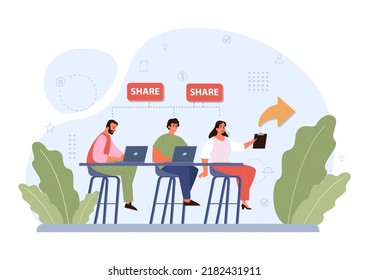 Sharing concept. Character using devices to share posts in social media. Information and ideas online spreading. Flst vector illustration
